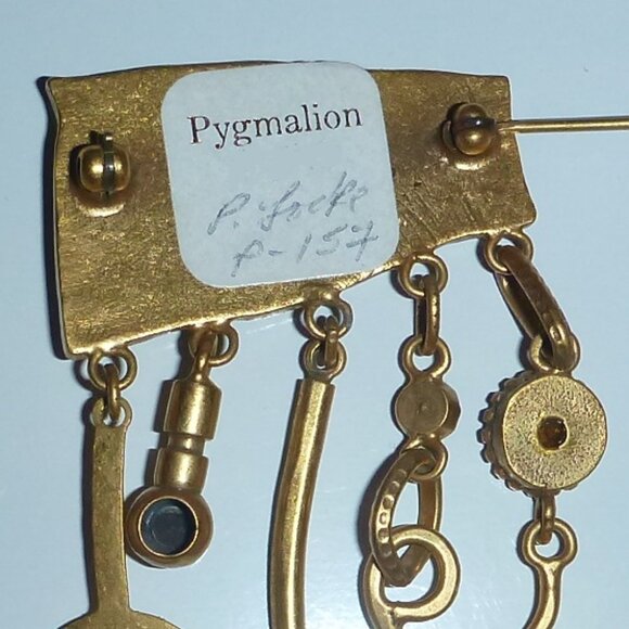 Patricia Locke Tooled Gold Swarovski Crystals Abstract Modern Brooch Pin. - Picture 4 of 4